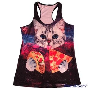 Cosmic Cat Eating Pizza Taco  Tank Top Size Xl